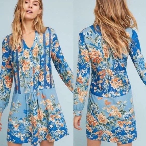 Anthropologie Tiny Gaina Shift Dress Small Blue Floral Lace Long Sleeve Button - Picture 1 of 15